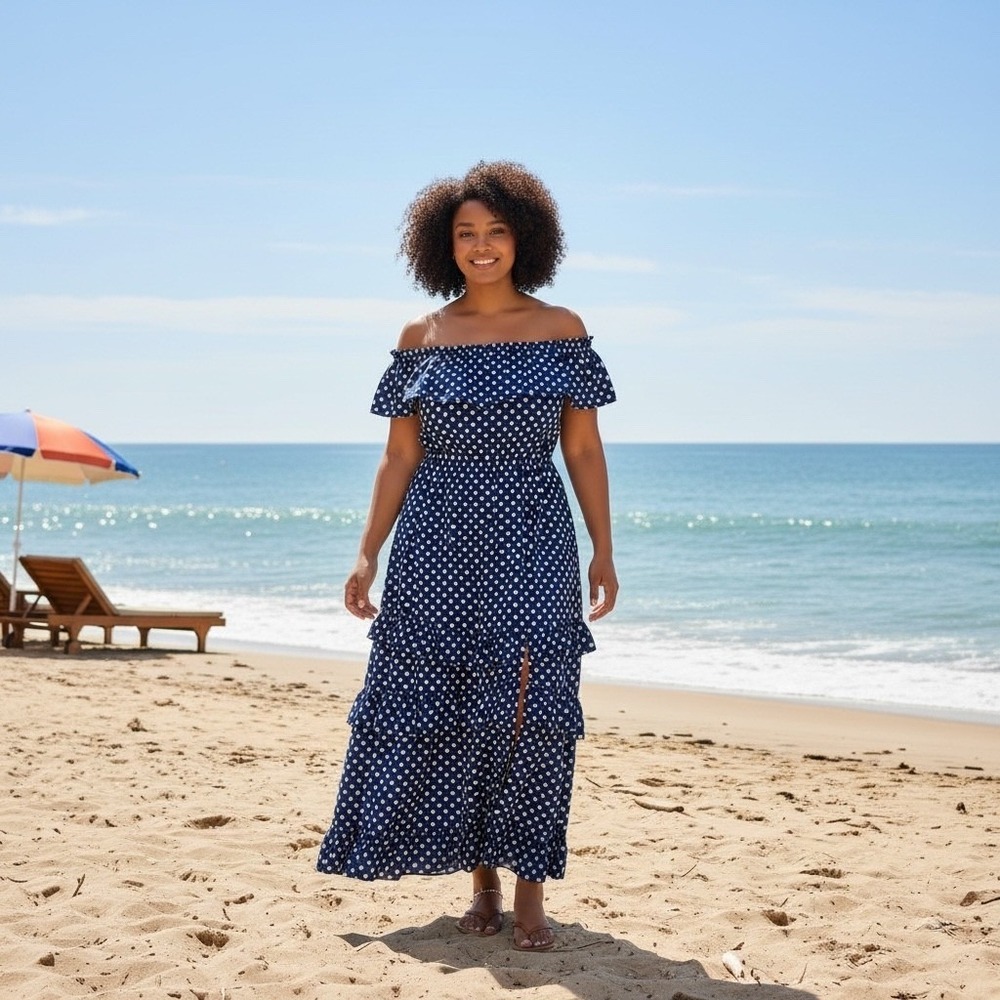 Coco‎ Carmen Blue White Polka Dot Off Shoulder Tiered Ruffle Maxi Dress L XL NWT